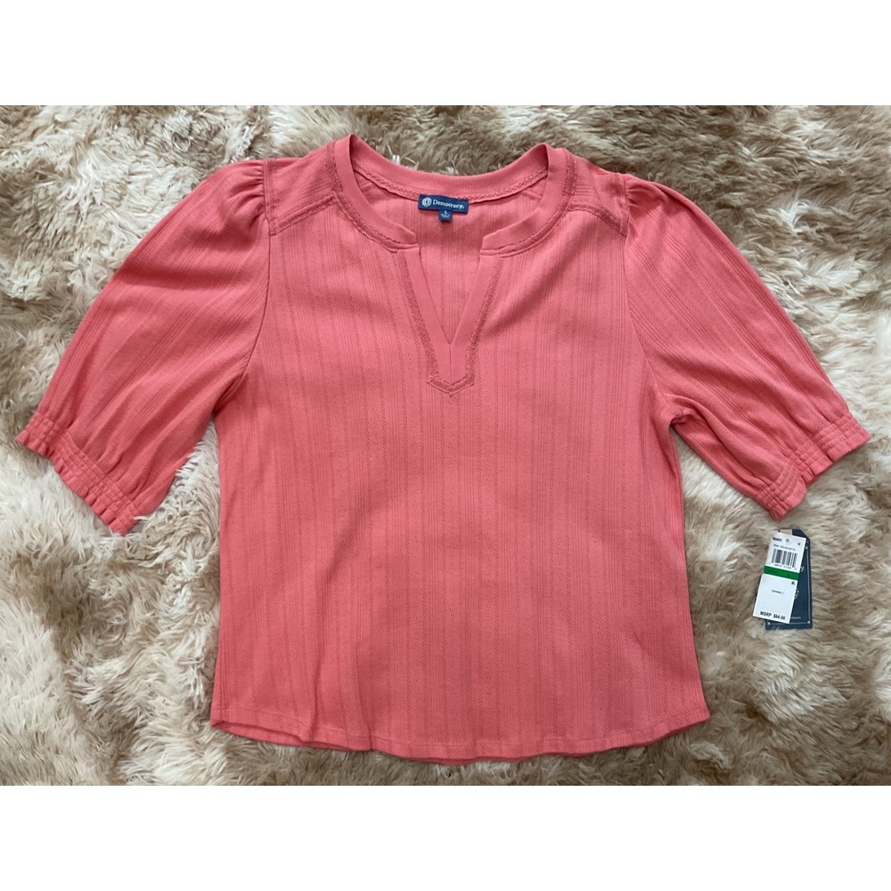 Democracy Womens Coral Pink Pointelle Split V-Neck Puff Sleeve Knit Top Large L